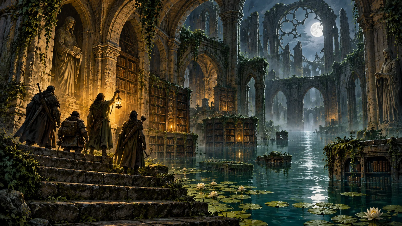 Adventurers raise a glowing lantern inside an ancient flooded abbey.